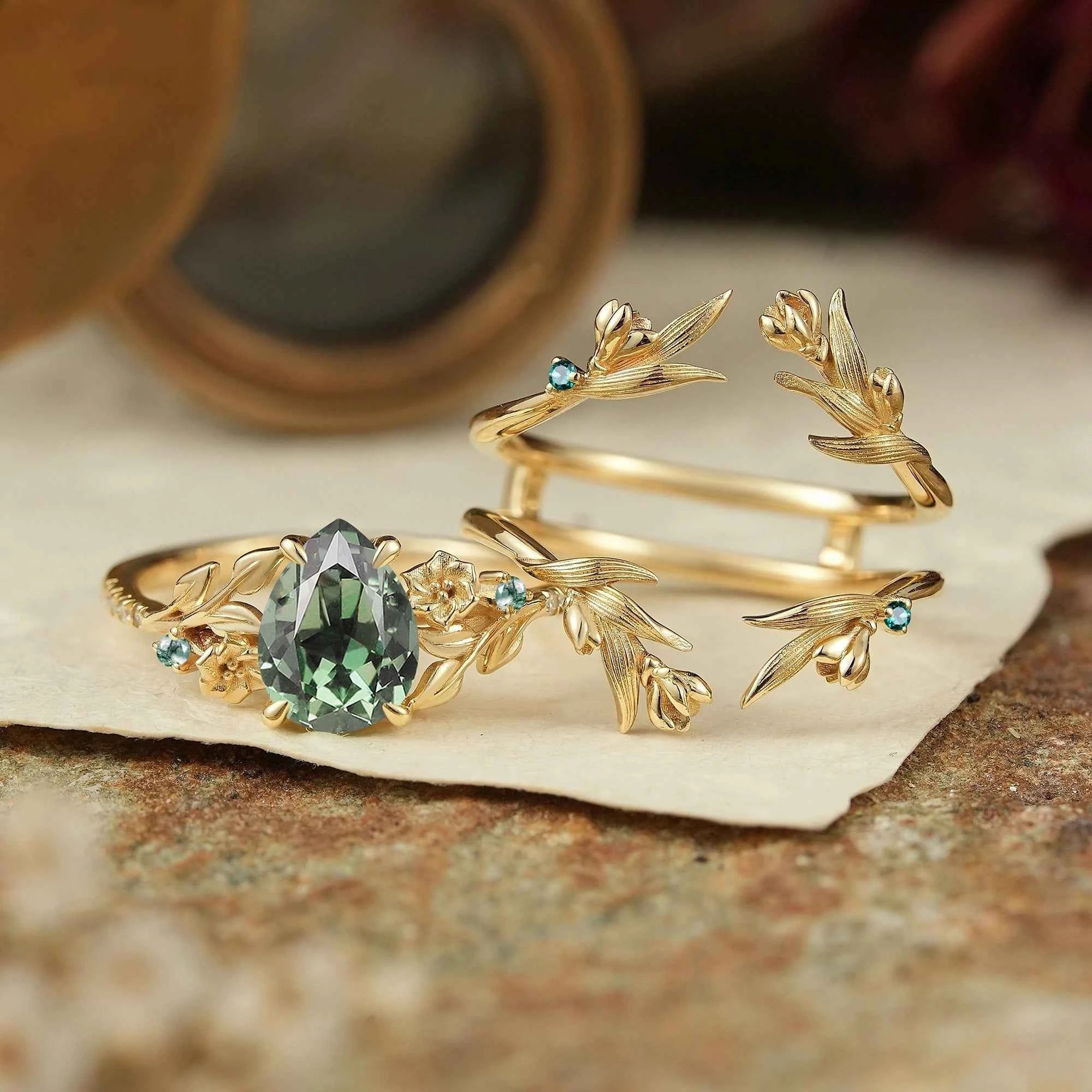 Green Sapphire Nature Inspired Ring Enhancer Bridal Ring Set - GemsMagic