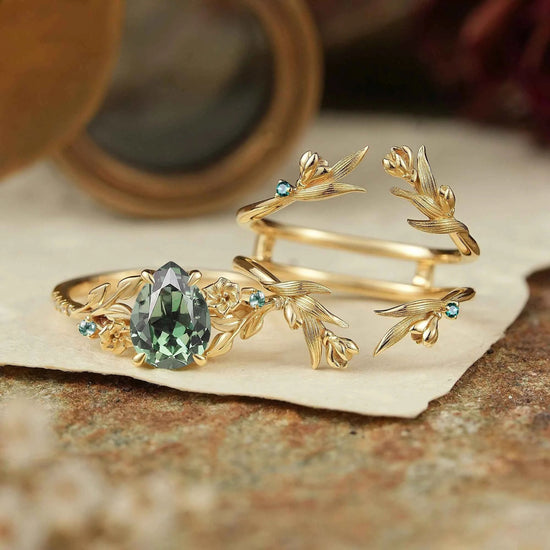 Green Sapphire Nature Inspired Ring Enhancer Bridal Ring Set - GemsMagic