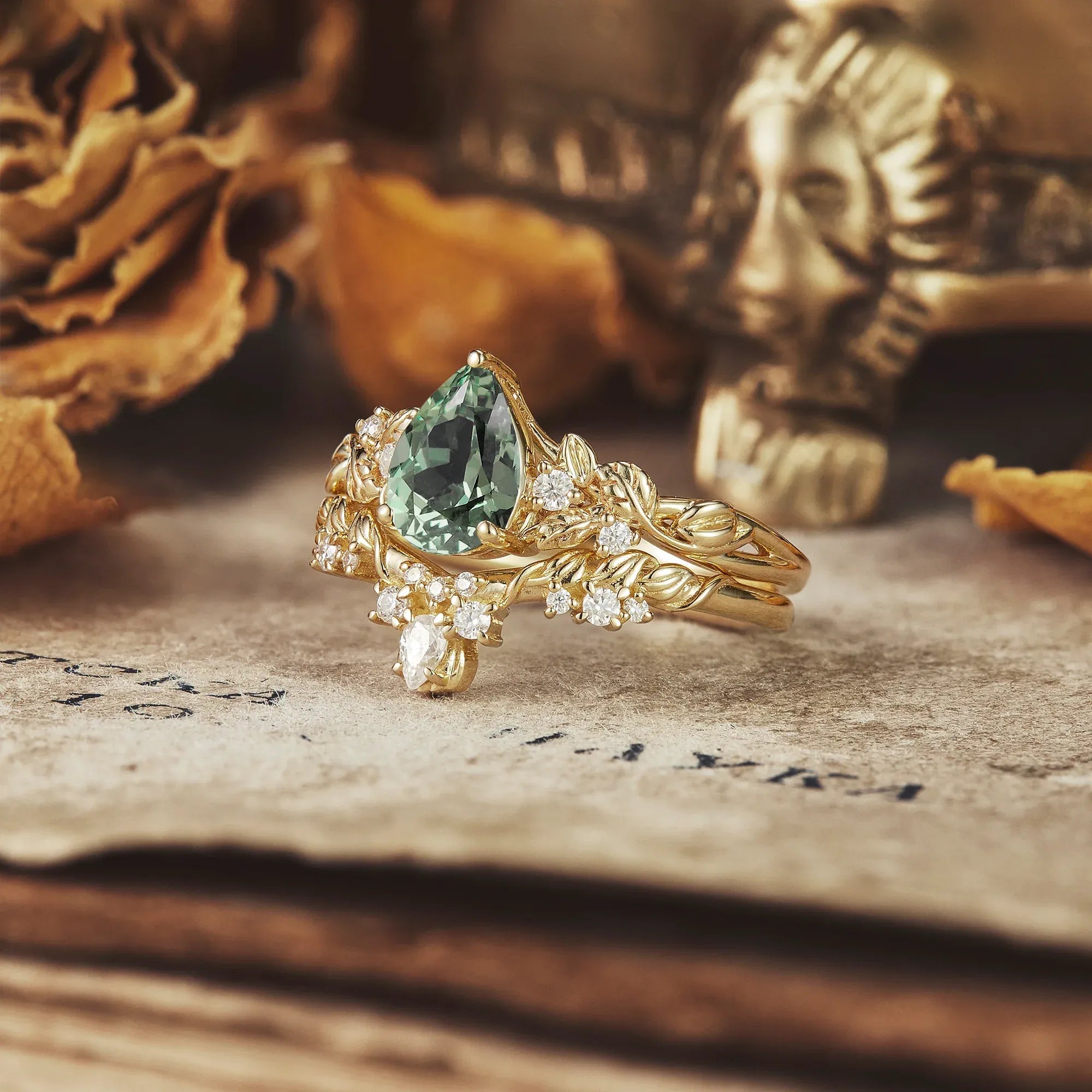 Green Sapphire Ring Set - Cora - GemsMagic