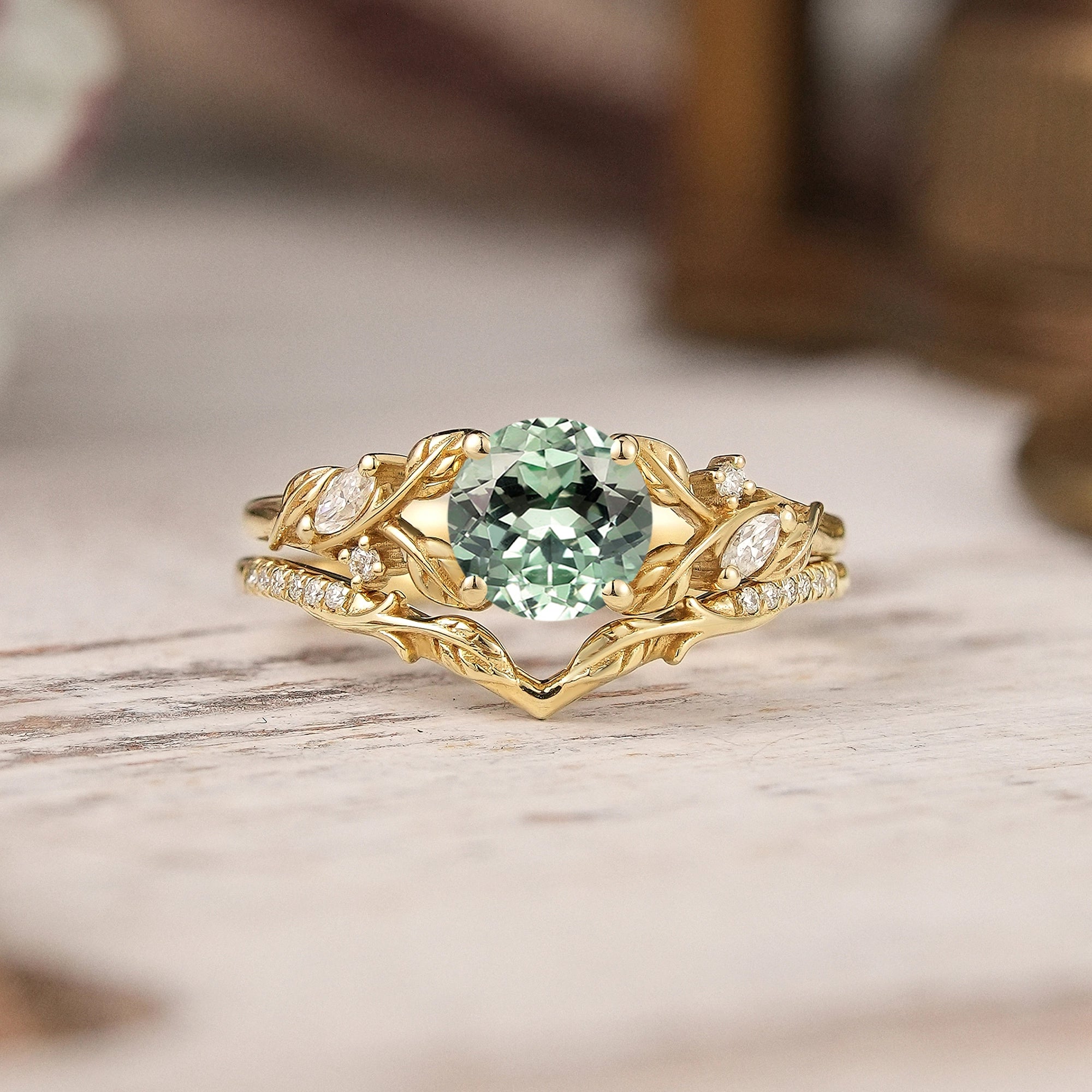 Green Sapphire Split Band Leaf Inspired Bridal Ring Set Elven Ring - GemsMagic