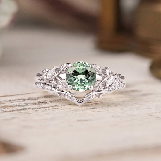 Green Sapphire Split Band Leaf Inspired Bridal Ring Set Elven Ring - GemsMagic