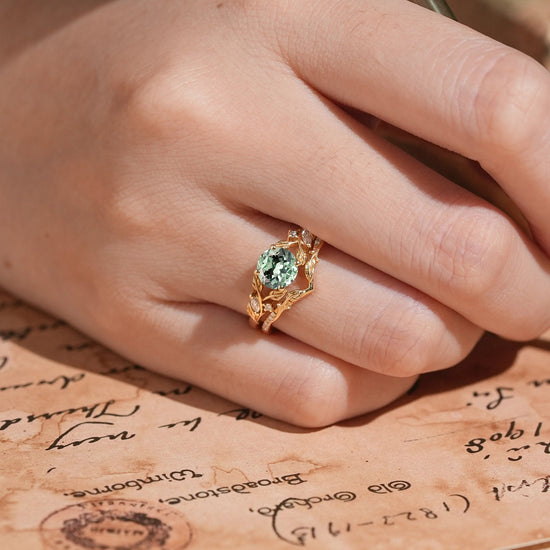 Green Sapphire Split Band Leaf Inspired Bridal Ring Set Elven Ring - GemsMagic