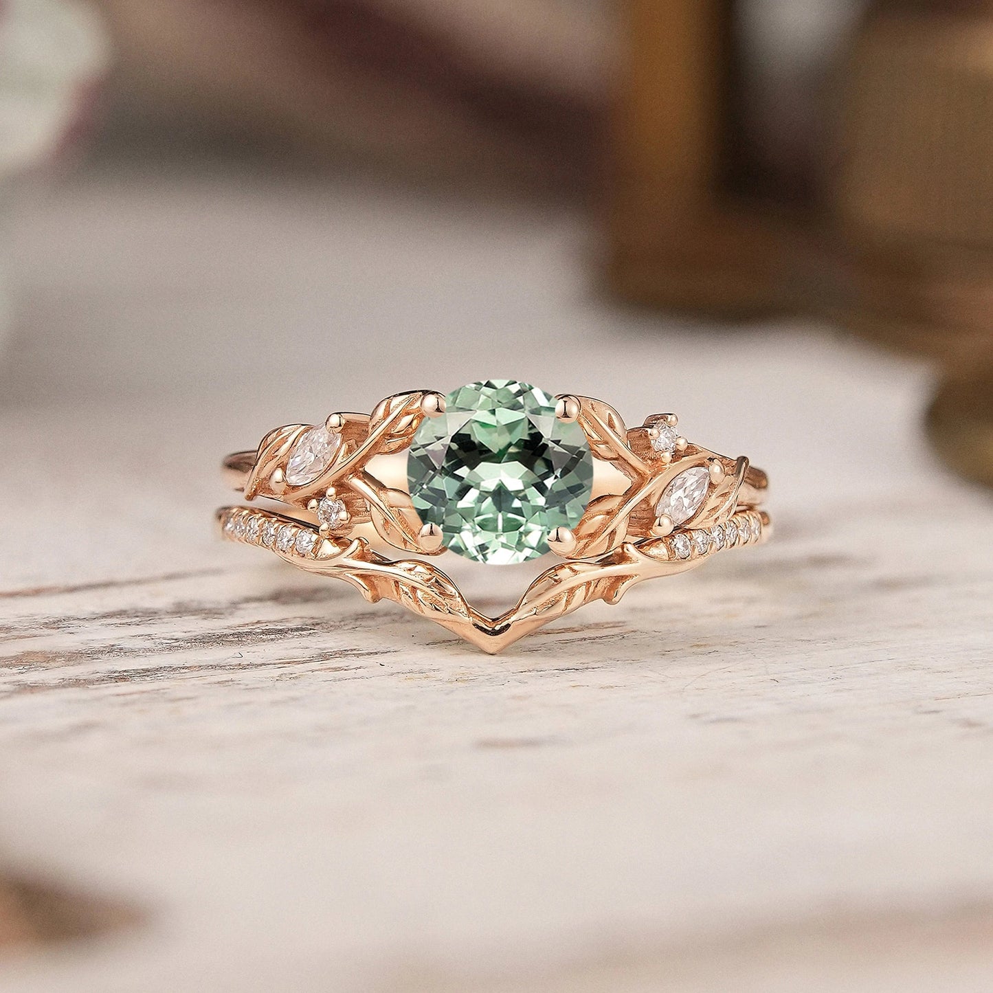 Green Sapphire Split Band Leaf Inspired Bridal Ring Set Elven Ring - GemsMagic