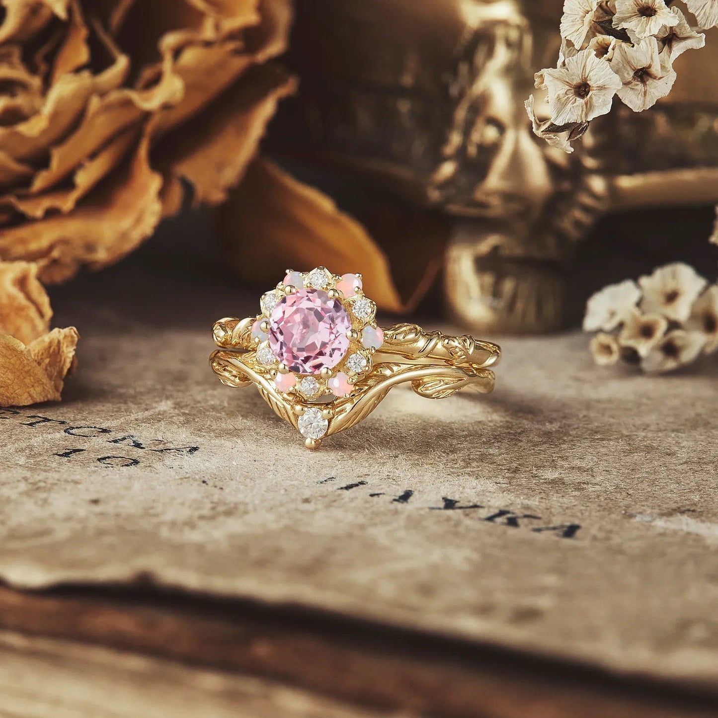 Halo Pink Padparadscha Ring Set - Abby - GemsMagic