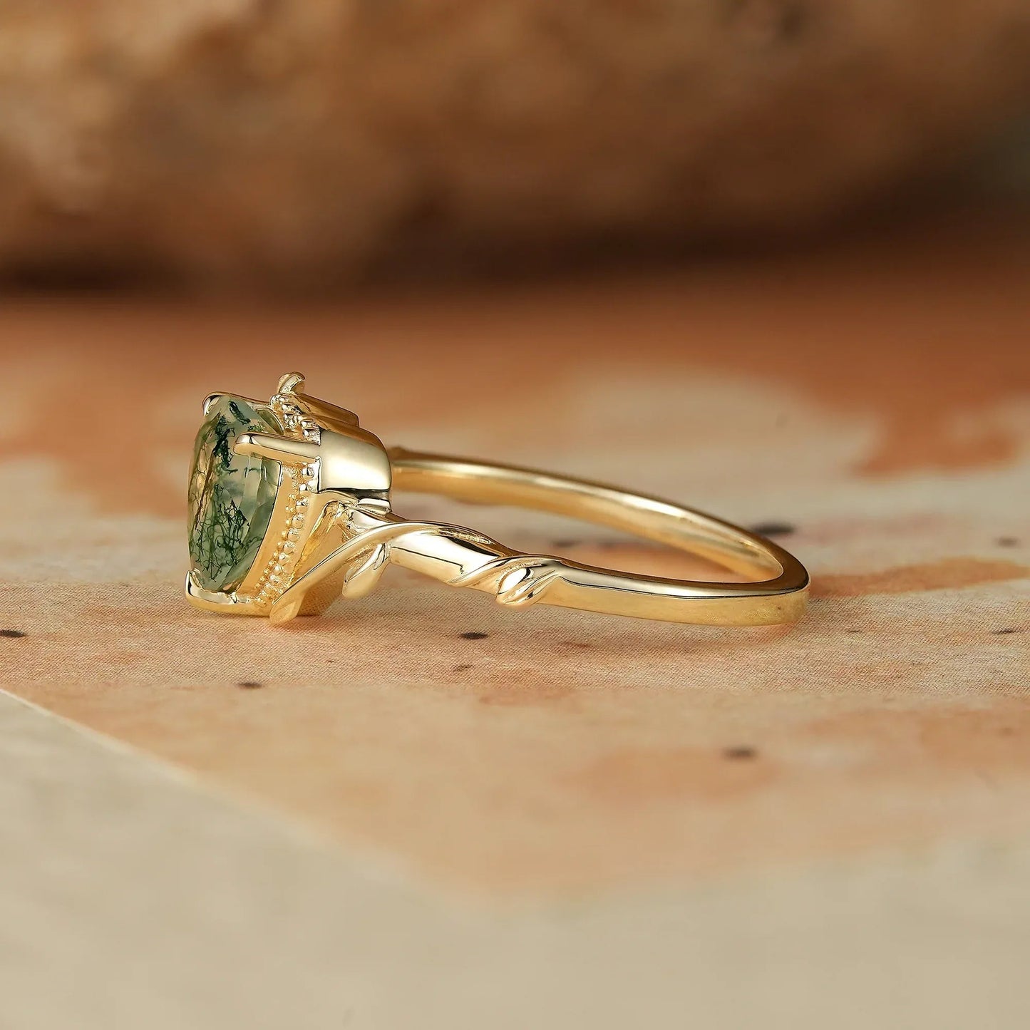 Heart Moss Agate Natural Inspired Leaf Engagement Ring - Faith - GemsMagic - GemsMagic