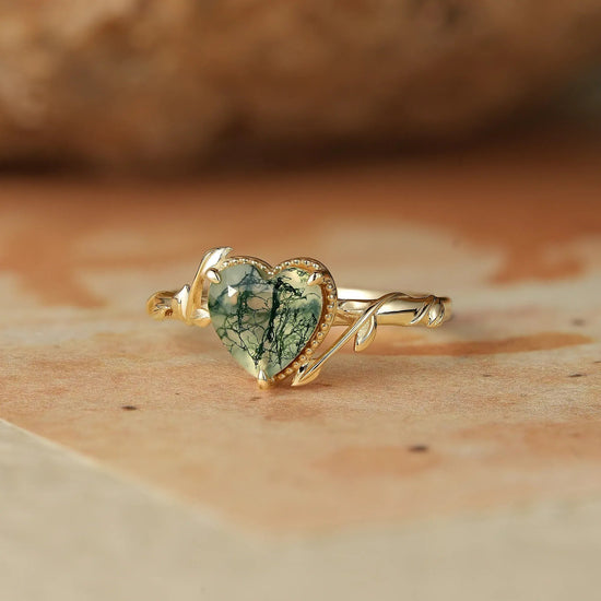 Heart Moss Agate Natural Inspired Leaf Engagement Ring - Faith - GemsMagic - GemsMagic