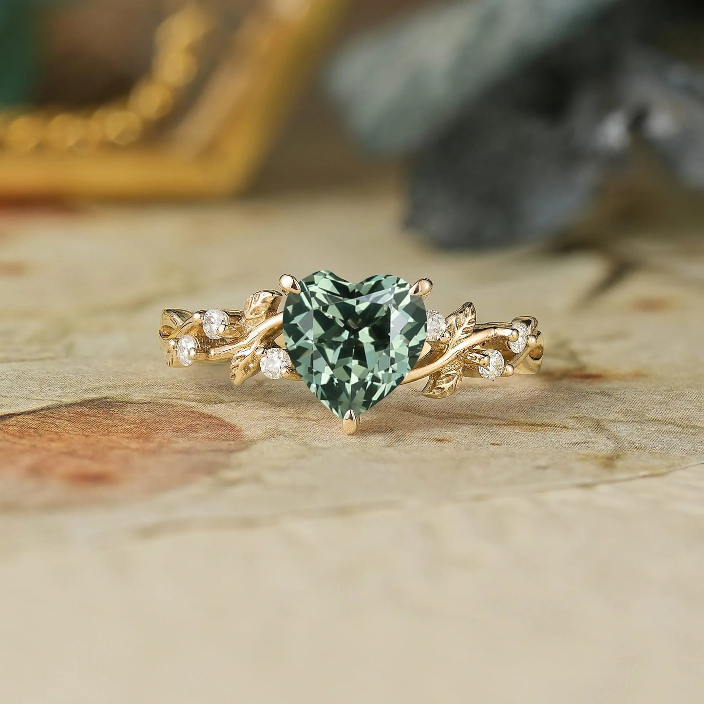 Heart Shaped Green Sapphire Leaf Engagement Ring - Genevieve - GemsMagic - GemsMagic