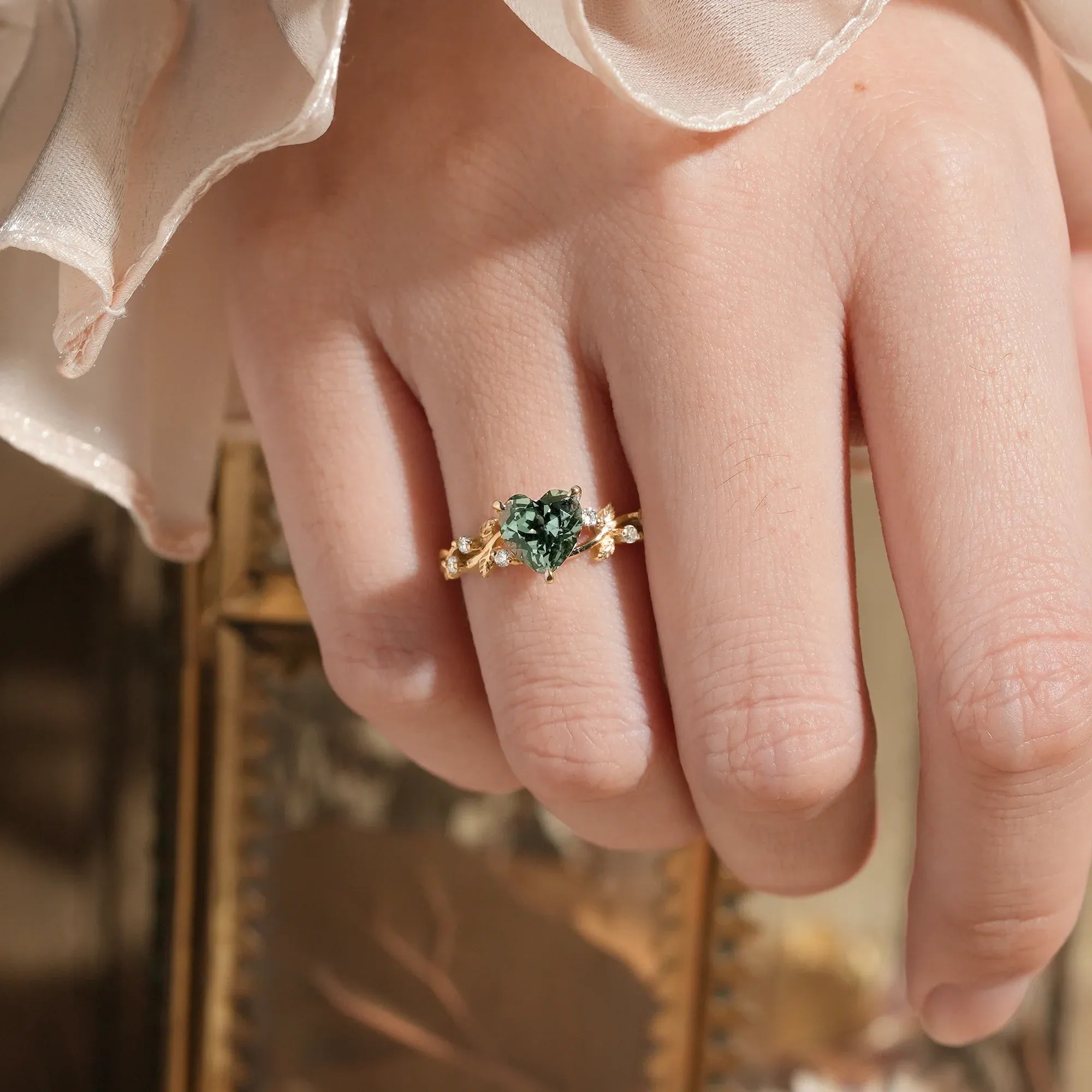 Heart Shaped Green Sapphire Leaf Engagement Ring - Genevieve - GemsMagic - GemsMagic