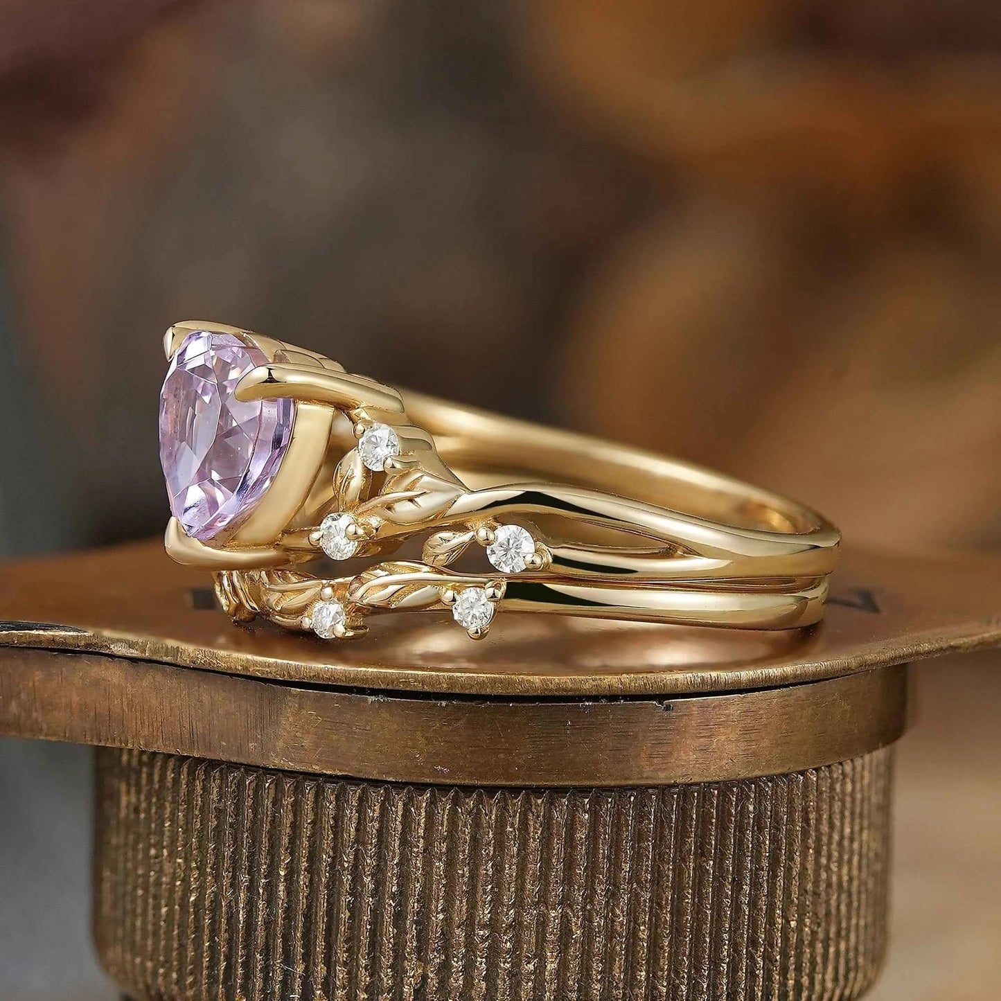 Heart - Shaped Lavender Sapphire Nature Inspired with Elegant Leaf Design Bridal Ring Set - GemsMagic
