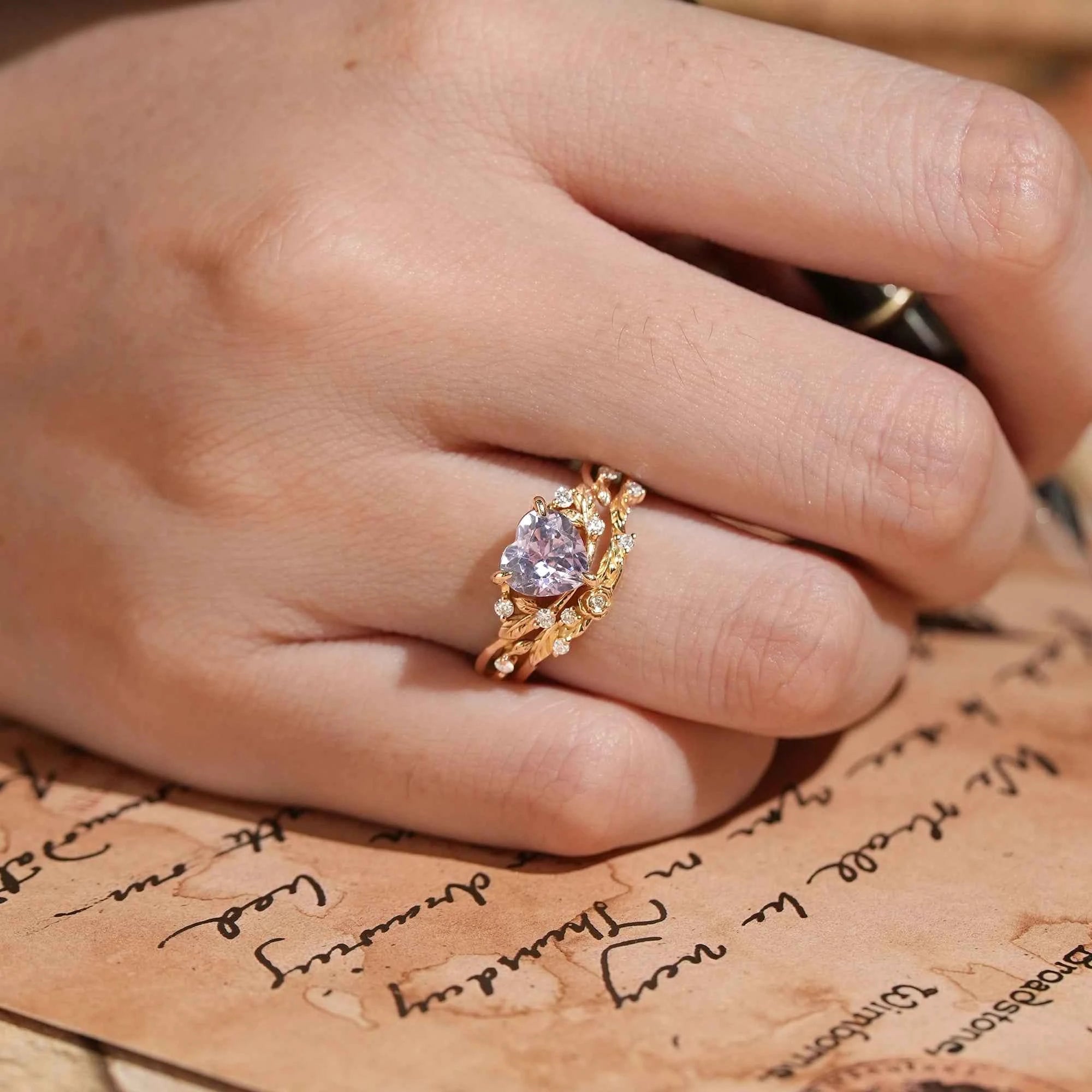 Heart - Shaped Lavender Sapphire Nature Inspired with Elegant Leaf Design Bridal Ring Set - GemsMagic