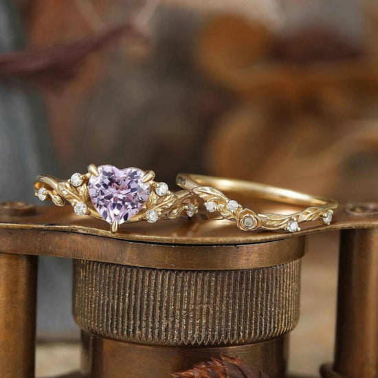 Heart - Shaped Lavender Sapphire Nature Inspired with Elegant Leaf Design Bridal Ring Set - GemsMagic