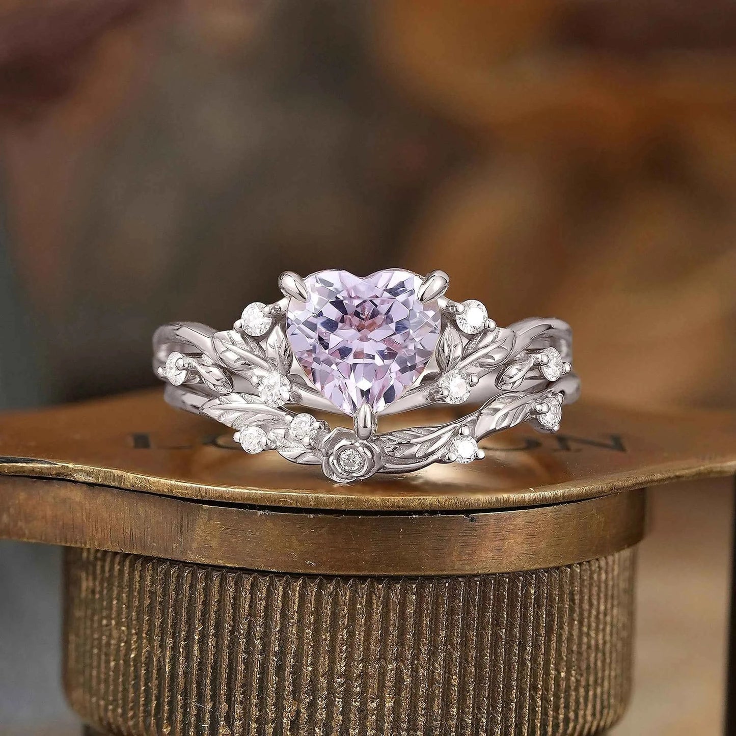 Heart - Shaped Lavender Sapphire Nature Inspired with Elegant Leaf Design Bridal Ring Set - GemsMagic