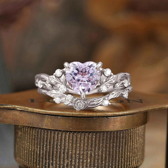 Heart - Shaped Lavender Sapphire Nature Inspired with Elegant Leaf Design Bridal Ring Set - GemsMagic