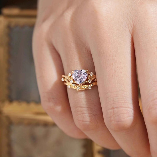 Heart - Shaped Lavender Sapphire Nature Inspired with Elegant Leaf Design Bridal Ring Set - GemsMagic