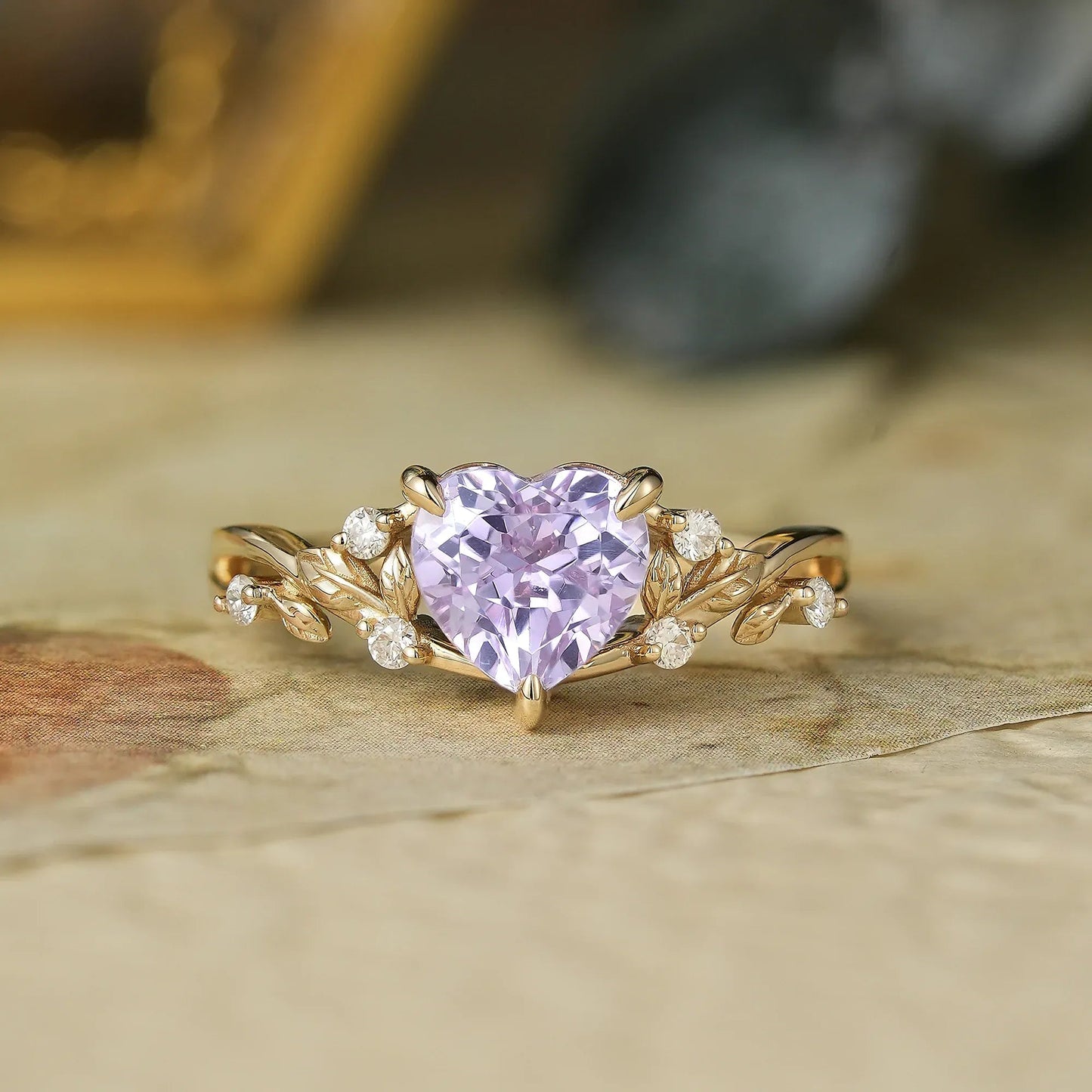 Heart - Shaped Lavender Sapphire with Elegant Leaf Design Ring - Nora - GemsMagic