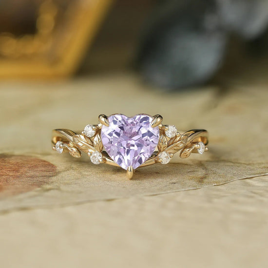 Heart - Shaped Lavender Sapphire with Elegant Leaf Design Ring - Nora - GemsMagic