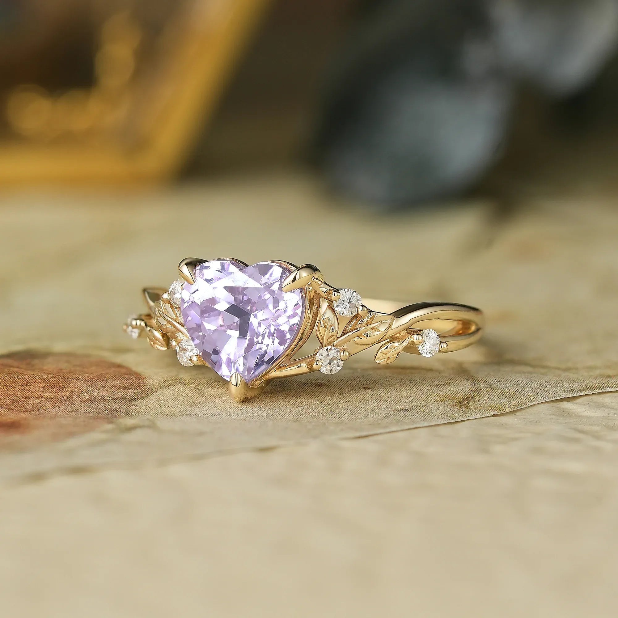 Heart - Shaped Lavender Sapphire with Elegant Leaf Design Ring - Nora - GemsMagic
