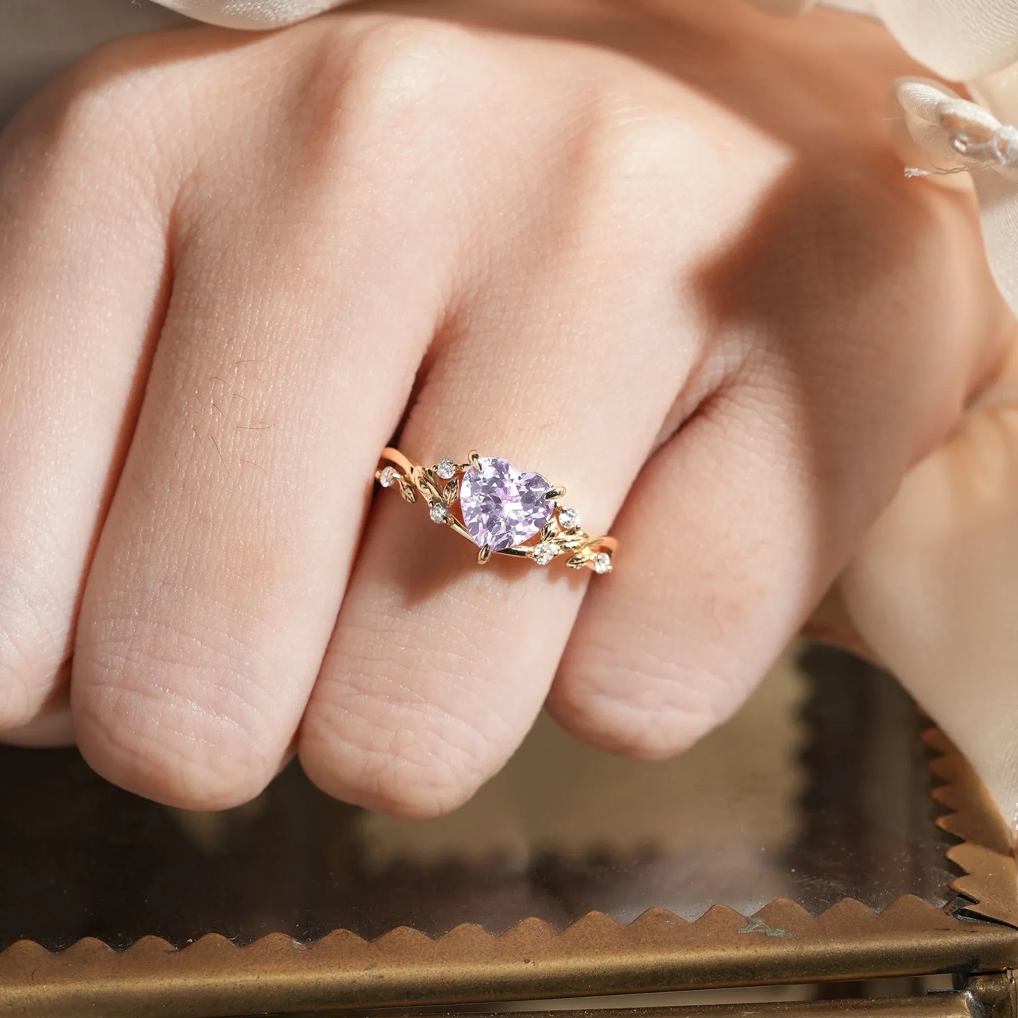 Heart - Shaped Lavender Sapphire with Elegant Leaf Design Ring - Nora - GemsMagic