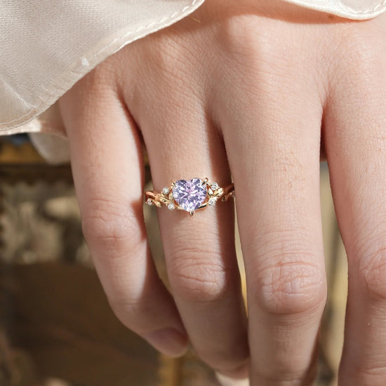 Heart - Shaped Lavender Sapphire with Elegant Leaf Design Ring - Nora - GemsMagic
