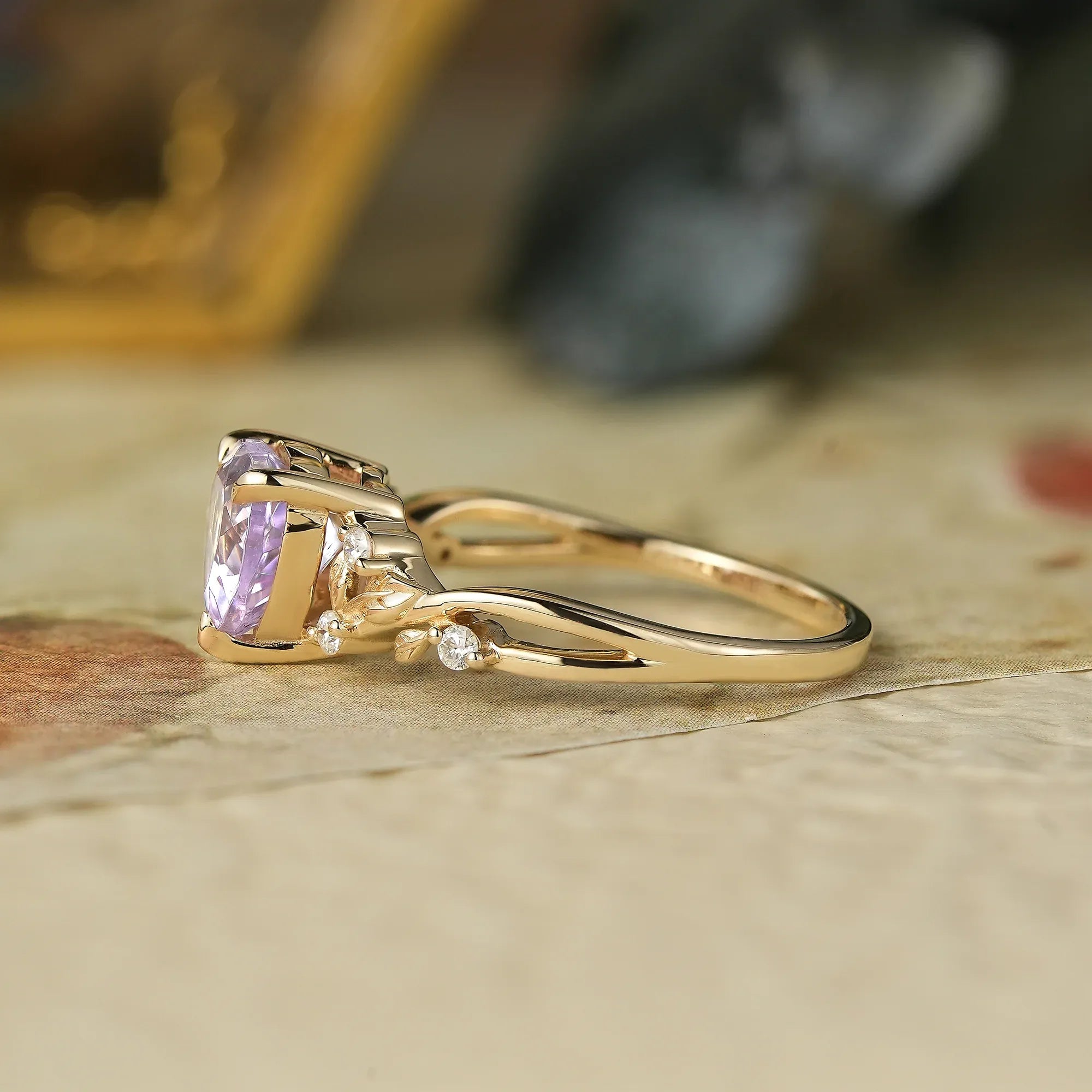 Heart - Shaped Lavender Sapphire with Elegant Leaf Design Ring - Nora - GemsMagic