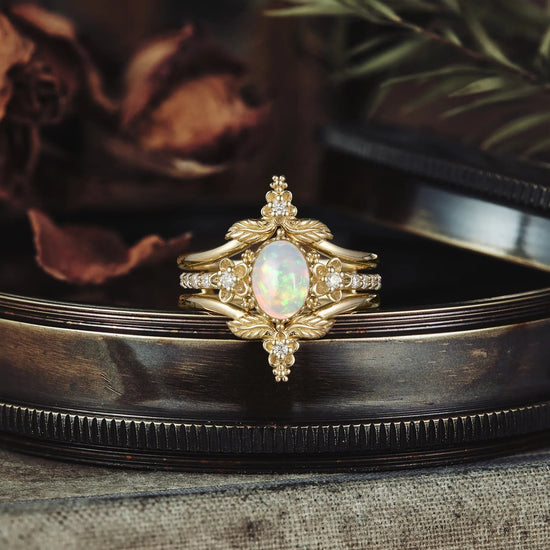 Hera's Opal Garden: A Floral and Leafy Ring Set - GemsMagic