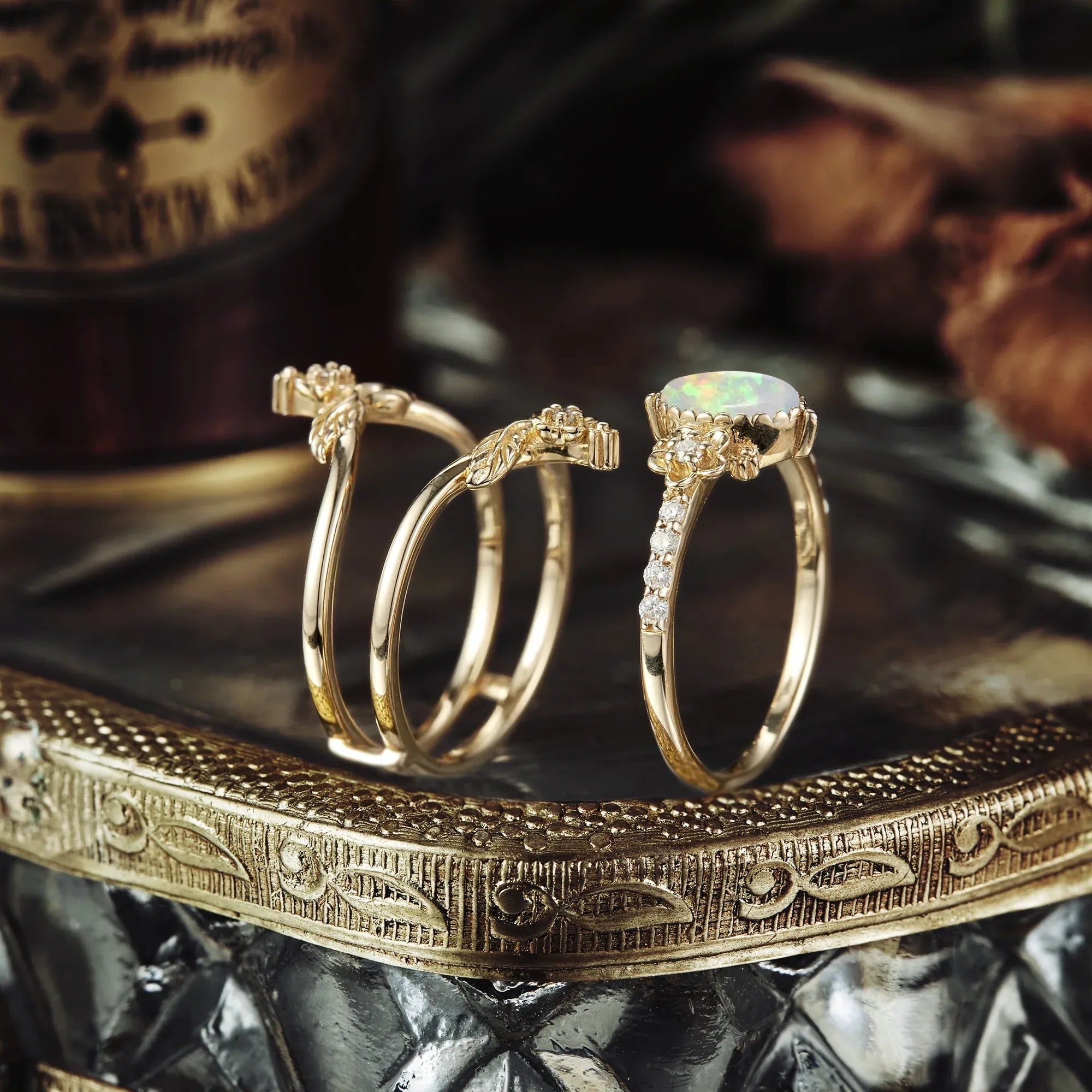 Hera's Opal Garden: A Floral and Leafy Ring Set - GemsMagic