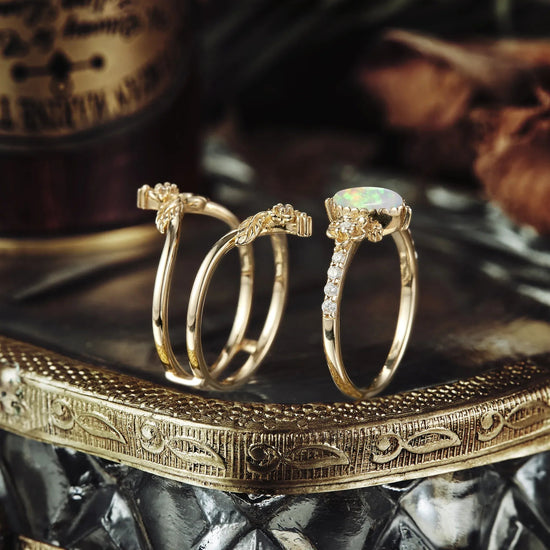 Hera's Opal Garden: A Floral and Leafy Ring Set - GemsMagic