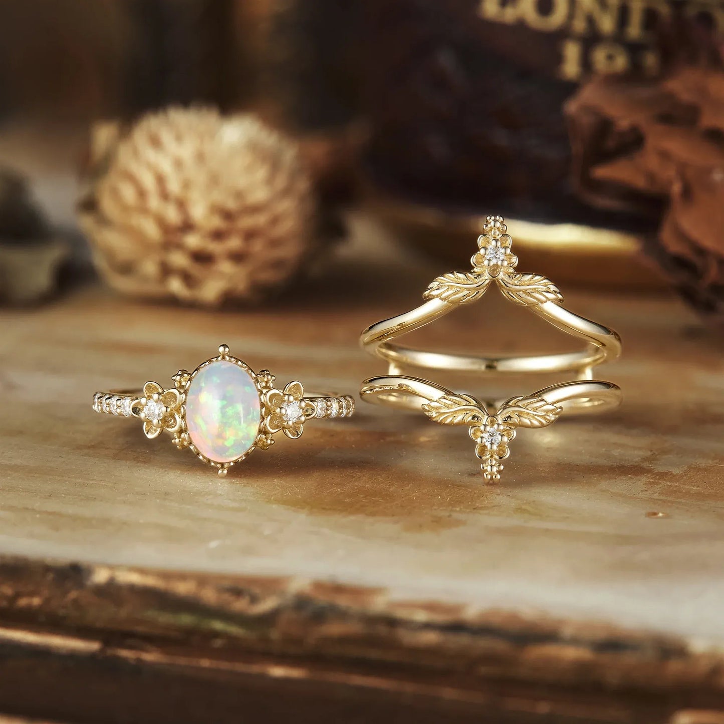 Hera's Opal Garden: A Floral and Leafy Ring Set - GemsMagic