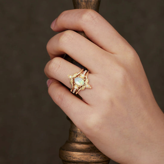Hera's Opal Garden: A Floral and Leafy Ring Set - GemsMagic