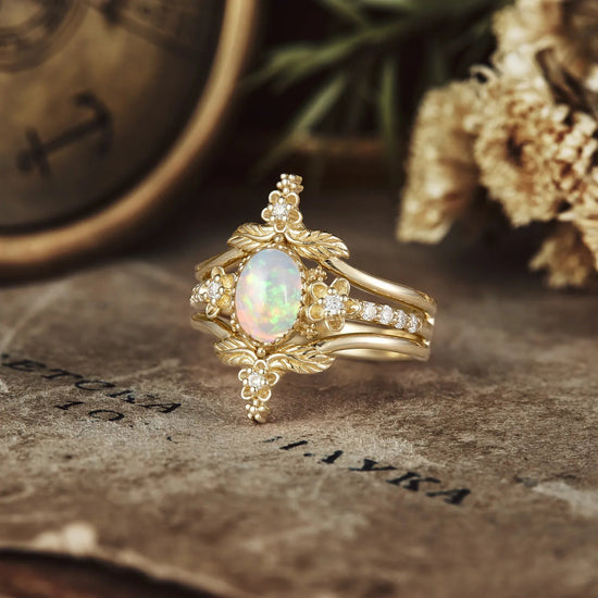 Hera's Opal Garden: A Floral and Leafy Ring Set - GemsMagic