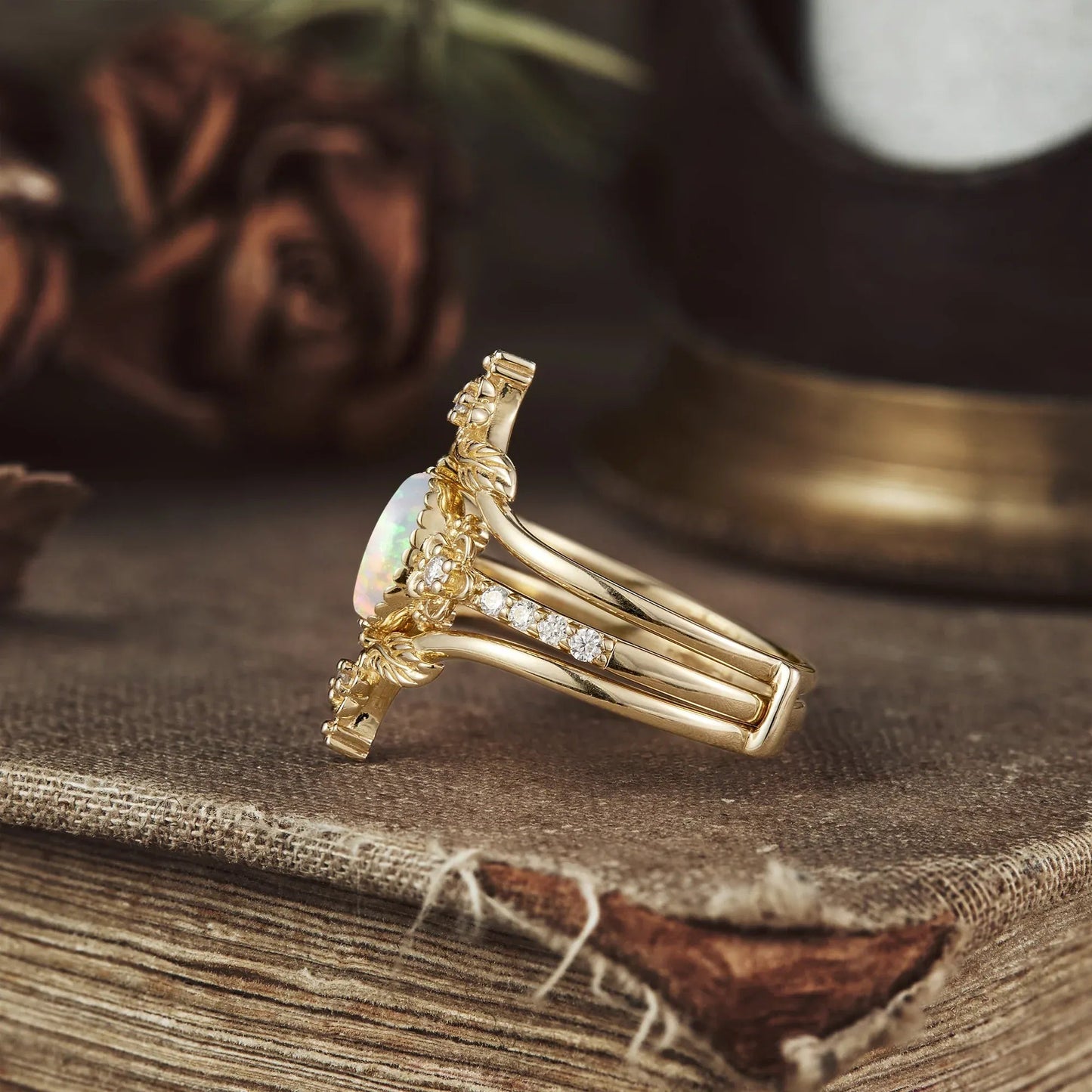 Hera's Opal Garden: A Floral and Leafy Ring Set - GemsMagic