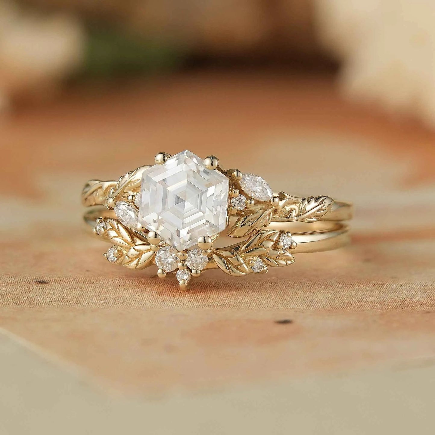 Hexagon Moissanite Engagement Ring Set - Skylar - GemsMagic