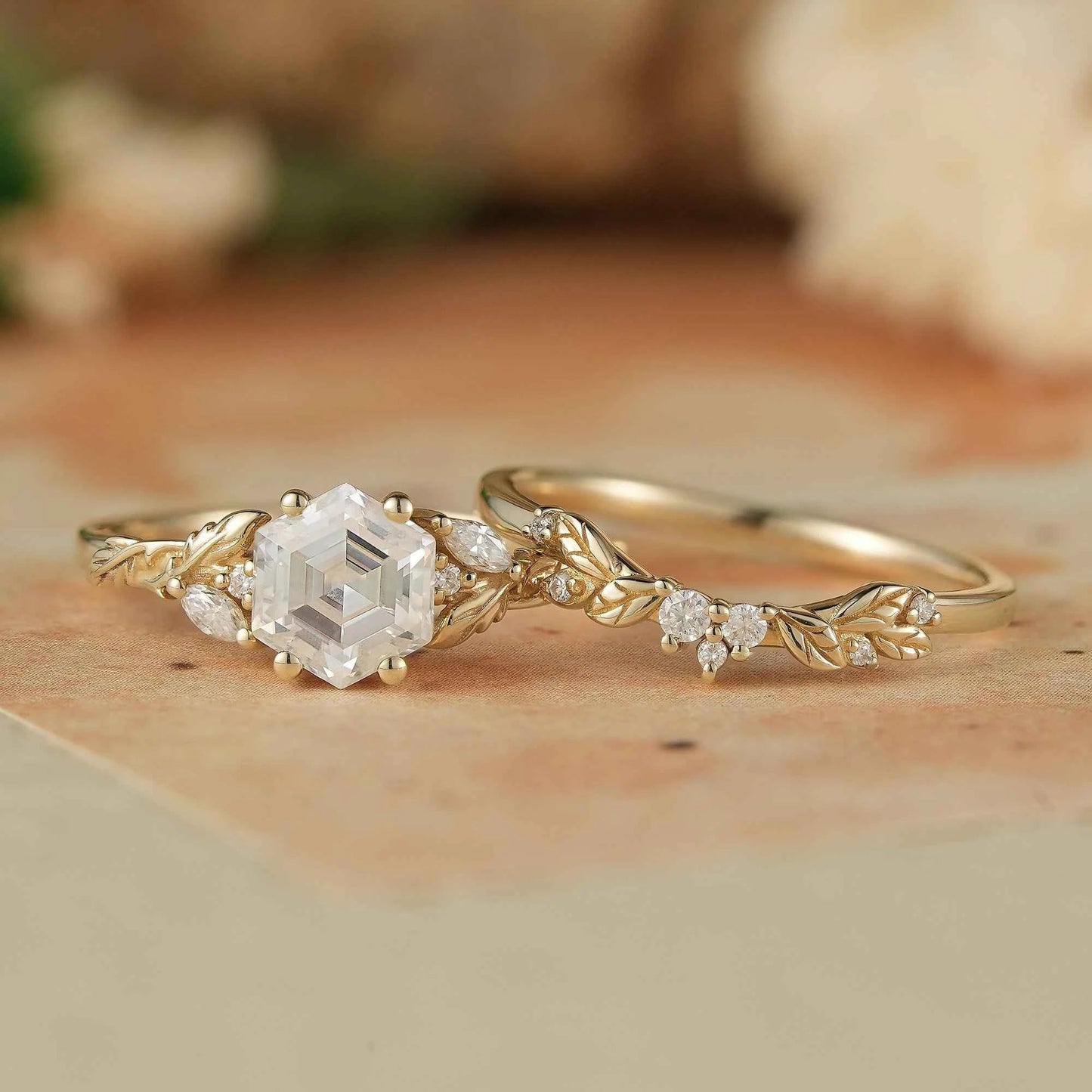 Hexagon Moissanite Engagement Ring Set - Skylar - GemsMagic