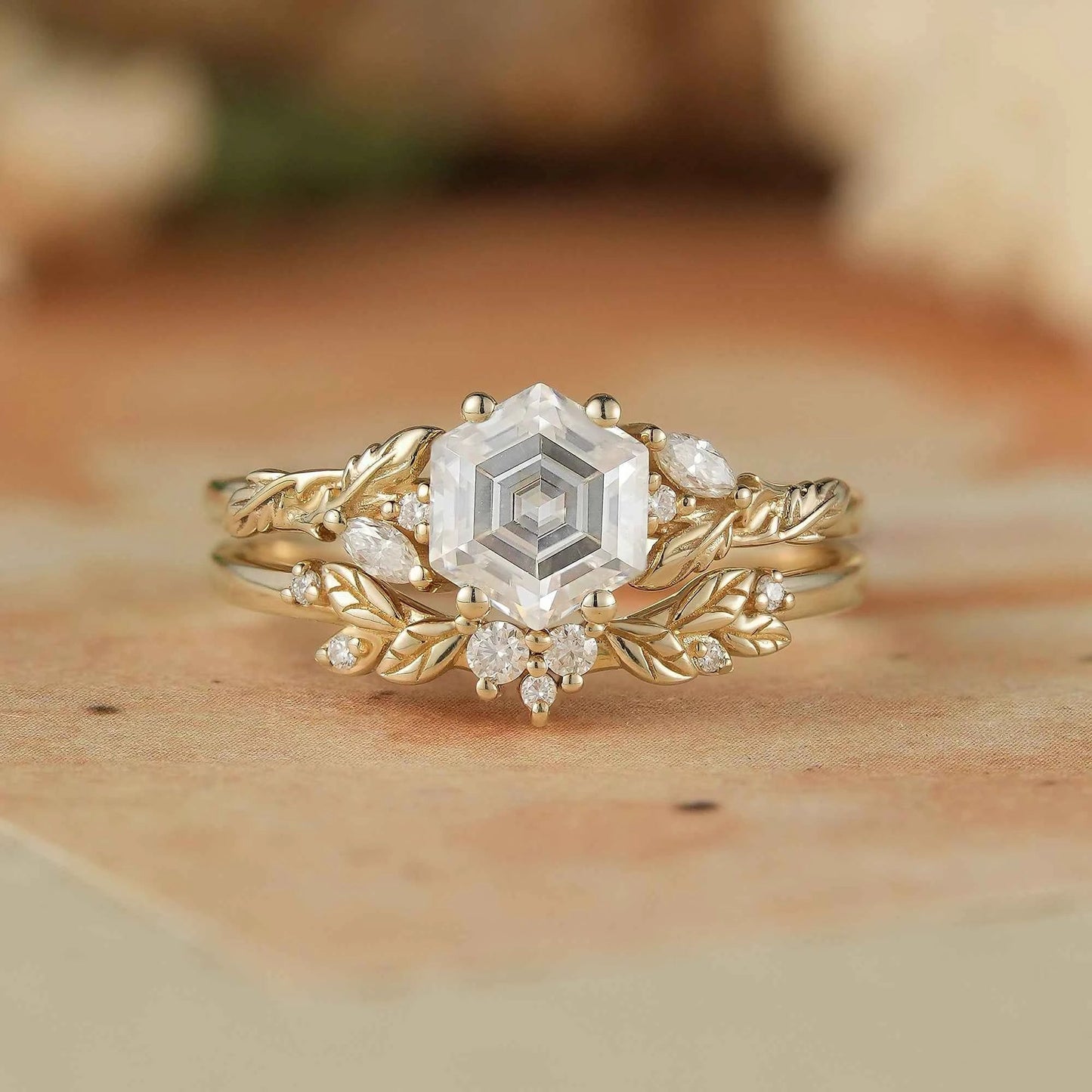 Hexagon Moissanite Engagement Ring Set - Skylar - GemsMagic