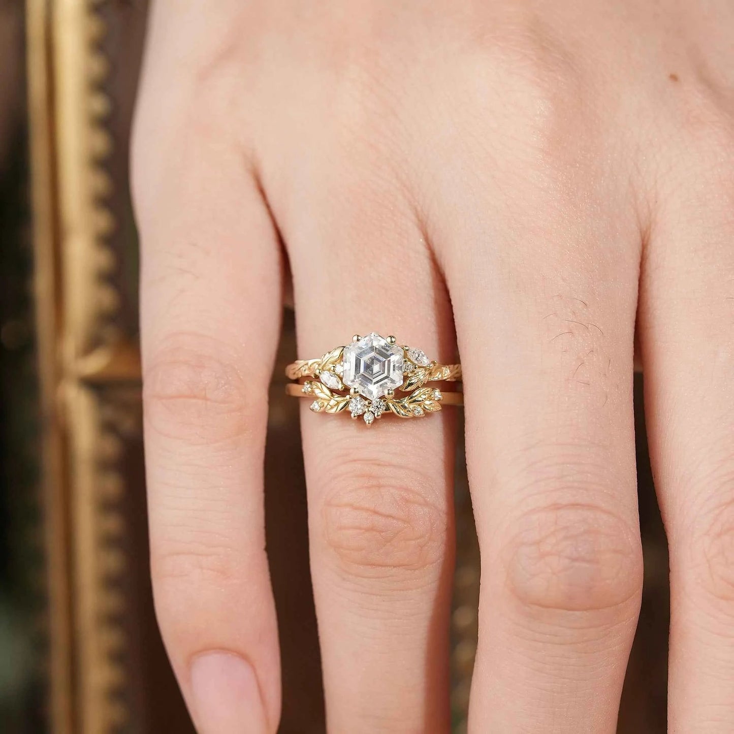 Hexagon Moissanite Engagement Ring Set - Skylar - GemsMagic