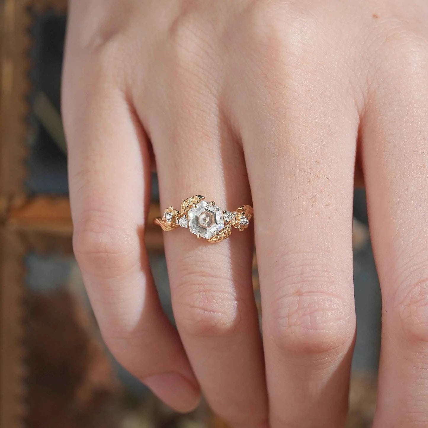 Hexagon Moissanite Mixed Metal Nature Inspired Engagement Ring - GemsMagic