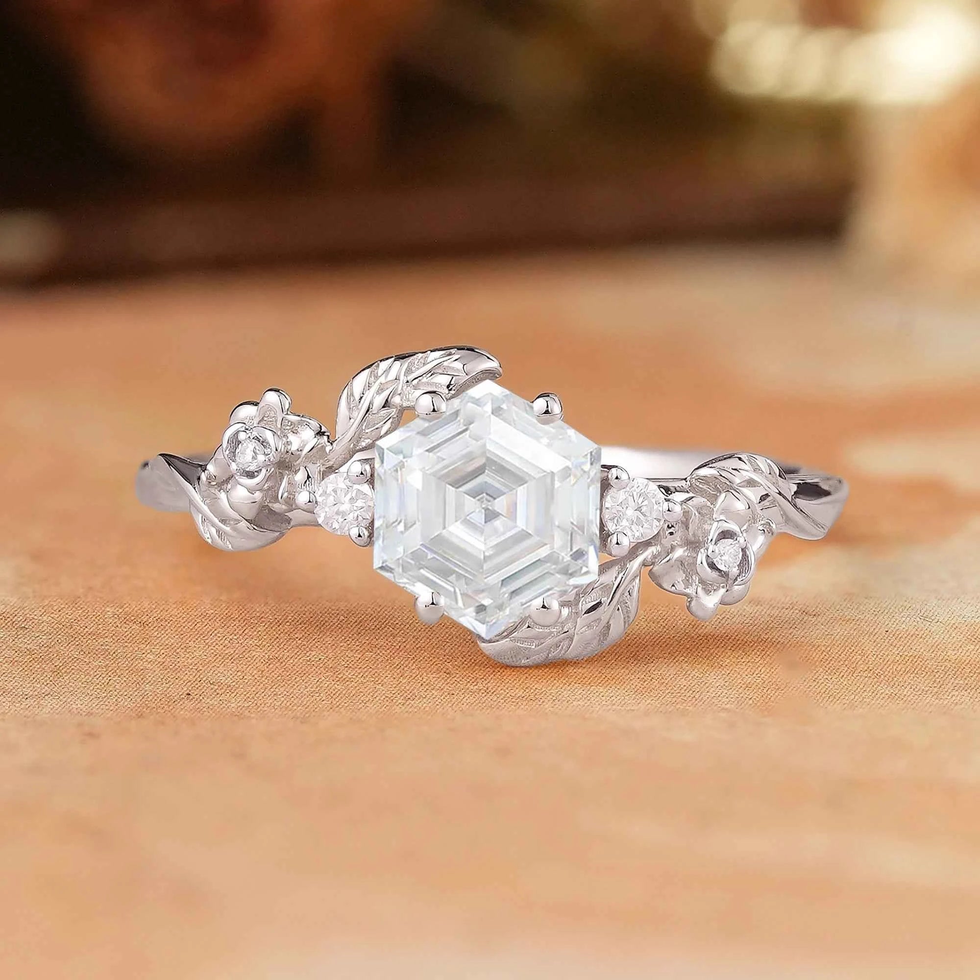 Hexagon Moissanite Mixed Metal Nature Inspired Engagement Ring - GemsMagic