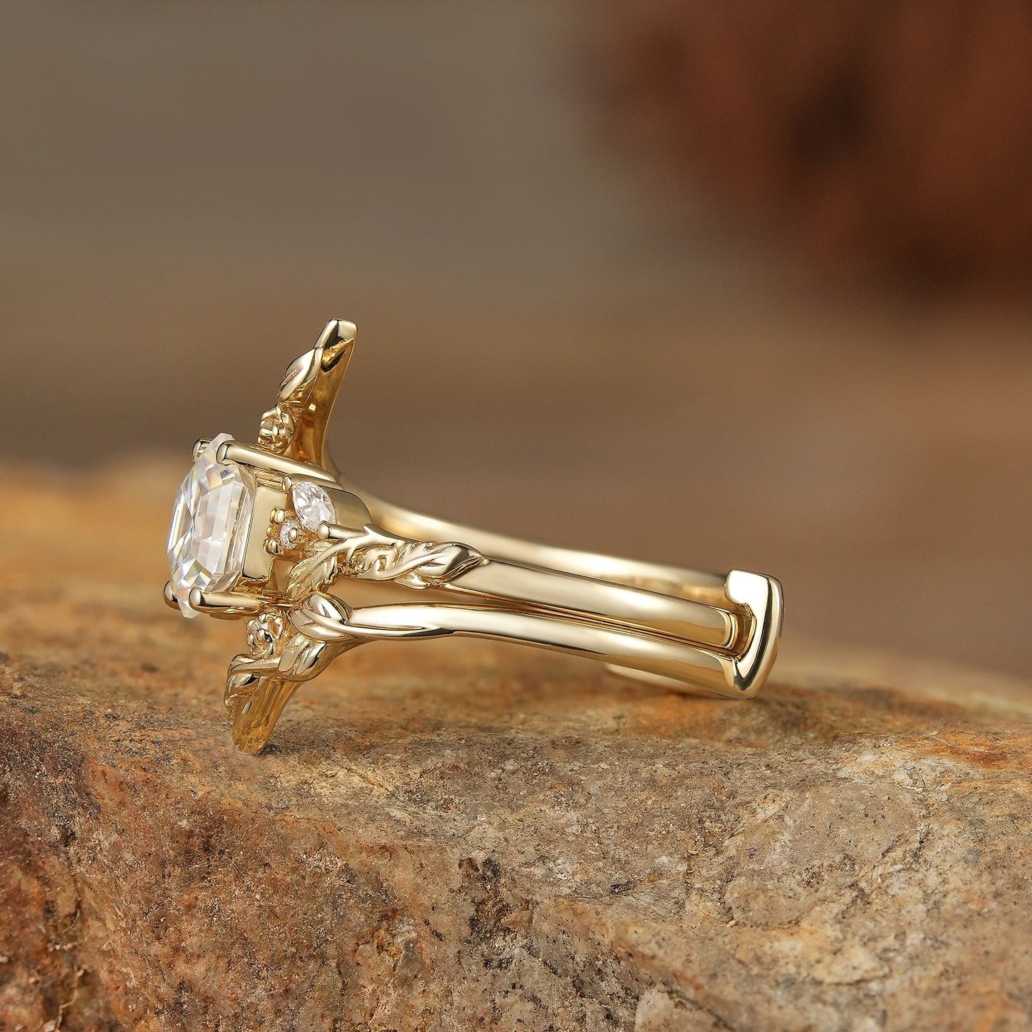 Hexagon Moissanite Vine Floral Enhancer Ring Set - Noor - GemsMagic