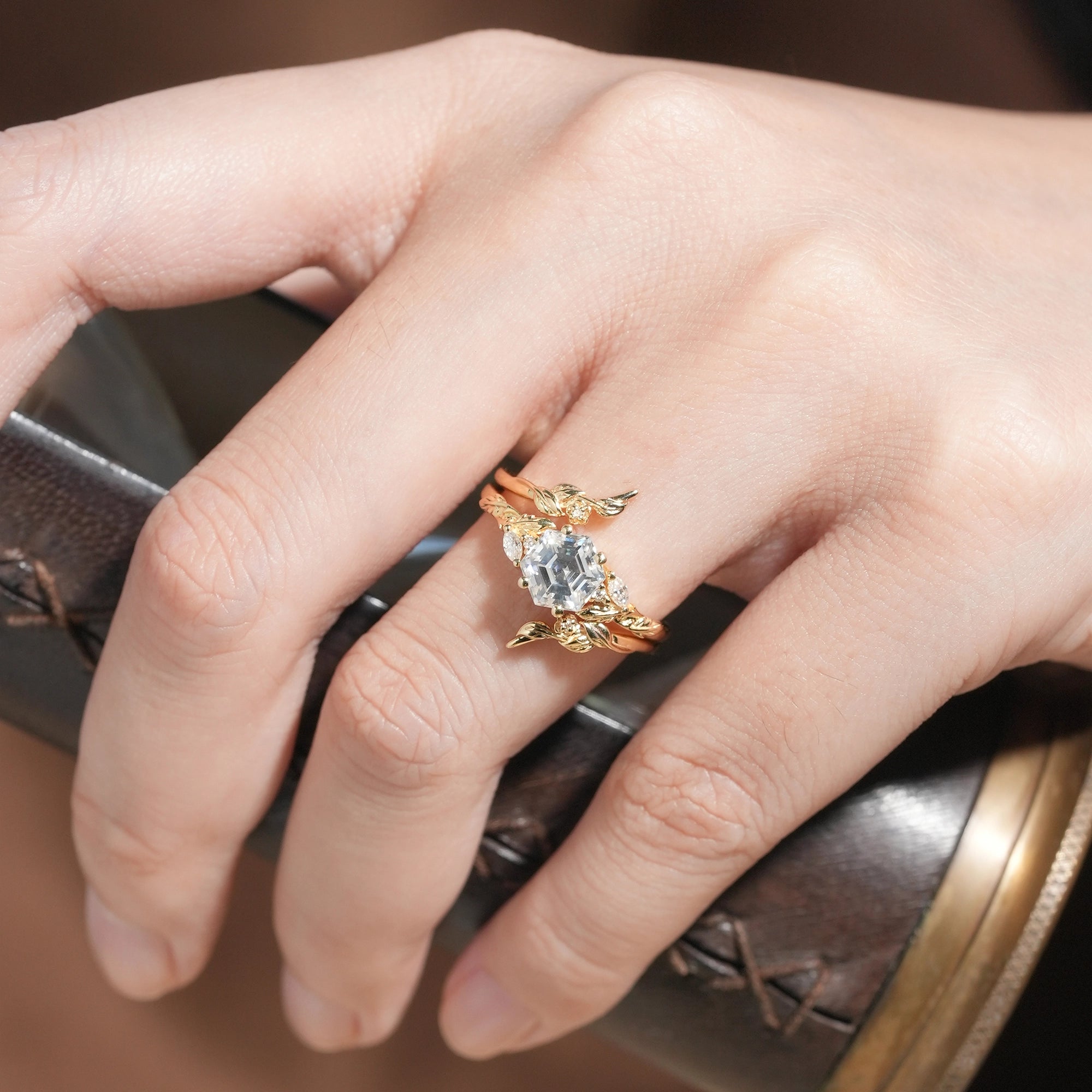 Hexagon Moissanite Vine Floral Enhancer Ring Set - Noor - GemsMagic