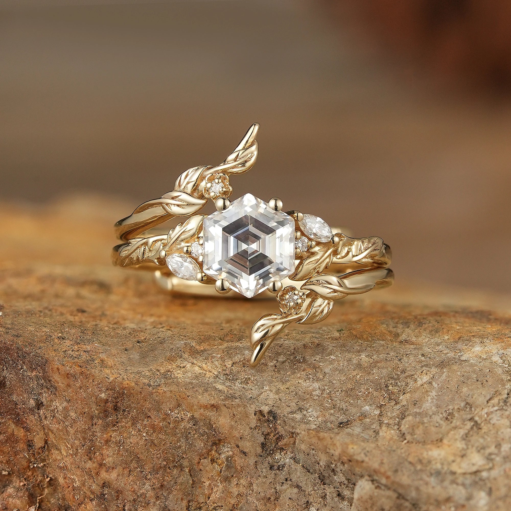 Hexagon Moissanite Vine Floral Enhancer Ring Set - Noor - GemsMagic