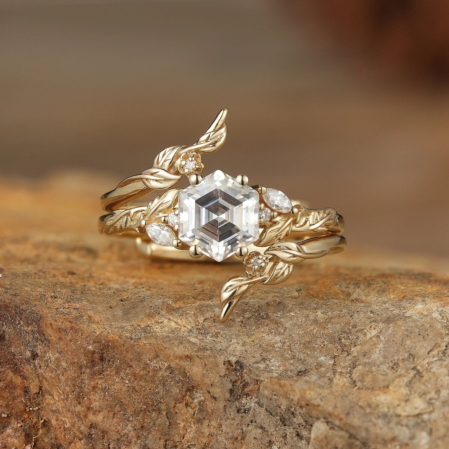 Hexagon Moissanite Vine Floral Enhancer Ring Set - Noor - GemsMagic