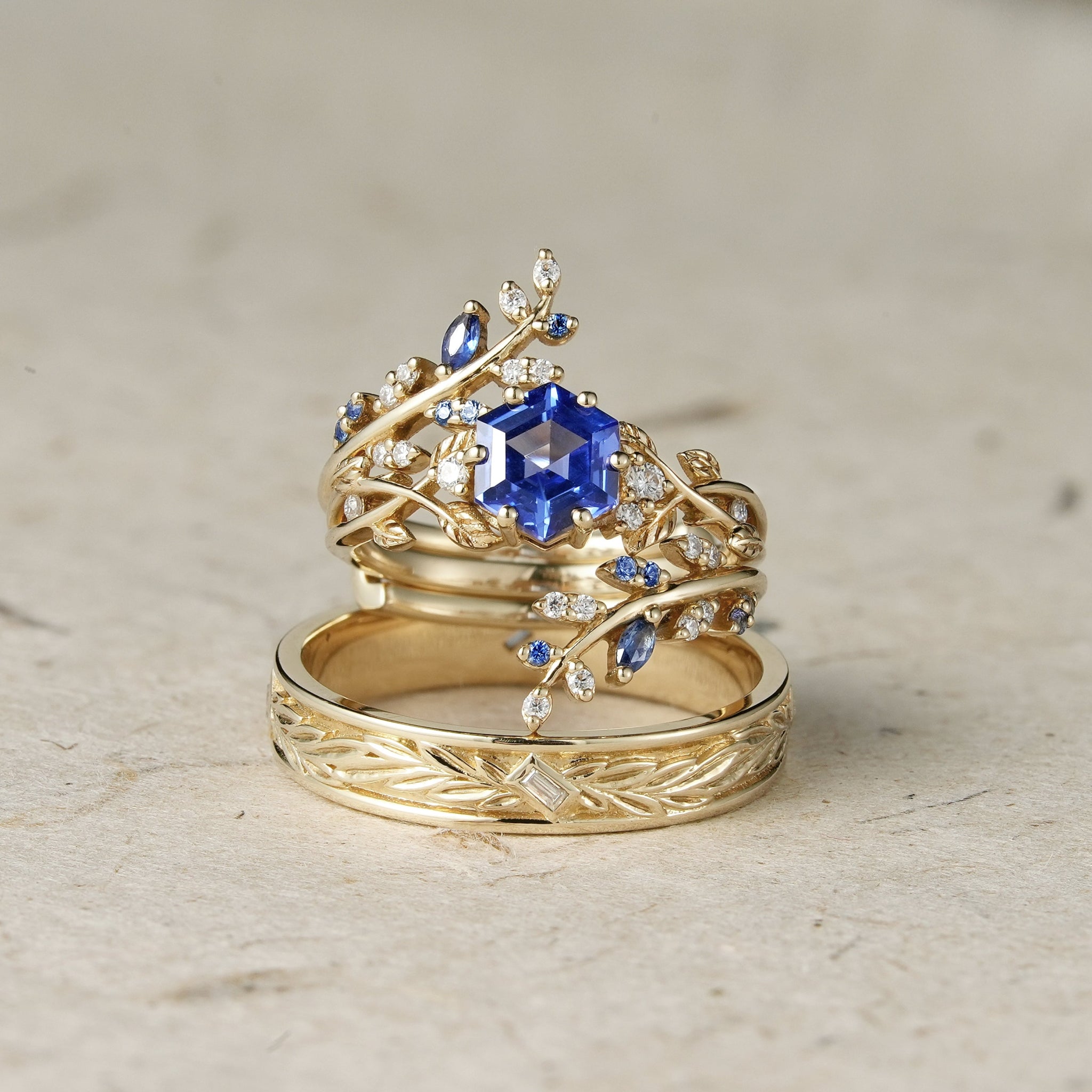 Hexagon Sapphire Vine Ring and Baguette cut moissanite Men's Band - Cherished Moments - GemsMagic