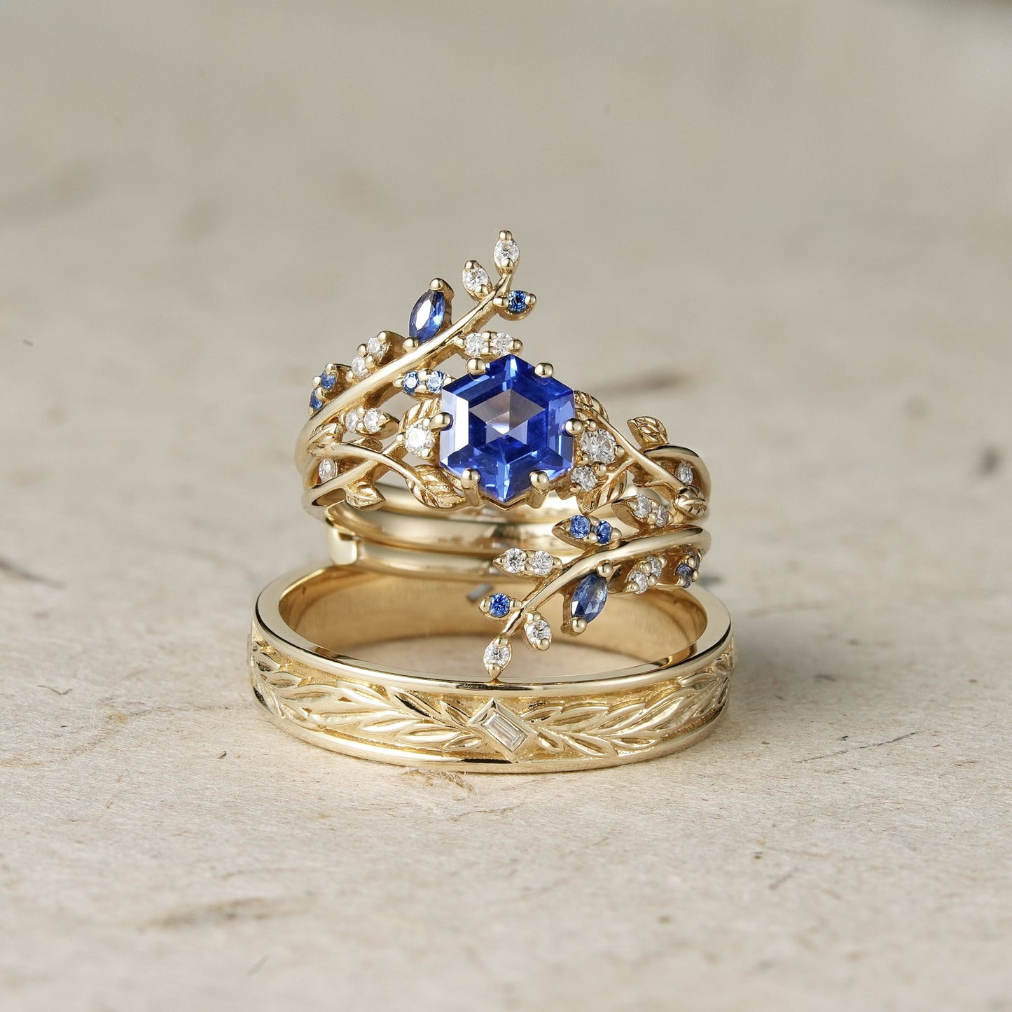 Hexagon Sapphire Vine Ring and Baguette cut moissanite Men's Band - Cherished Moments - GemsMagic