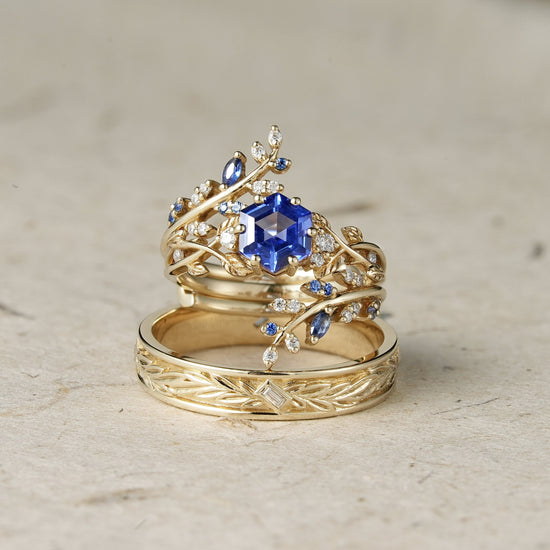 Hexagon Sapphire Vine Ring and Baguette cut moissanite Men's Band - Cherished Moments - GemsMagic