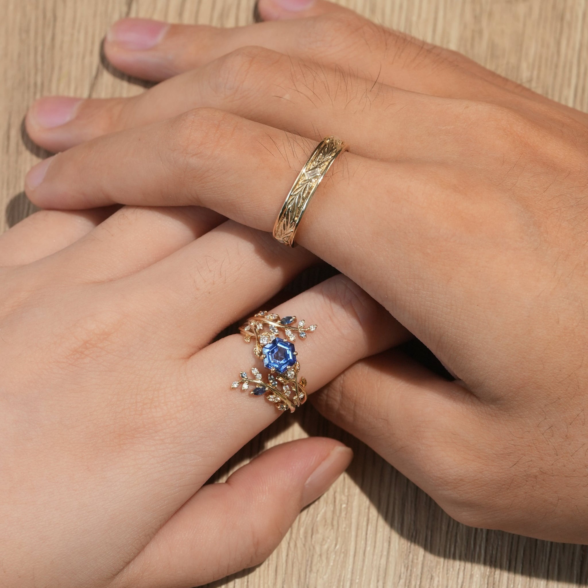 Hexagon Sapphire Vine Ring and Baguette cut moissanite Men's Band - Cherished Moments - GemsMagic