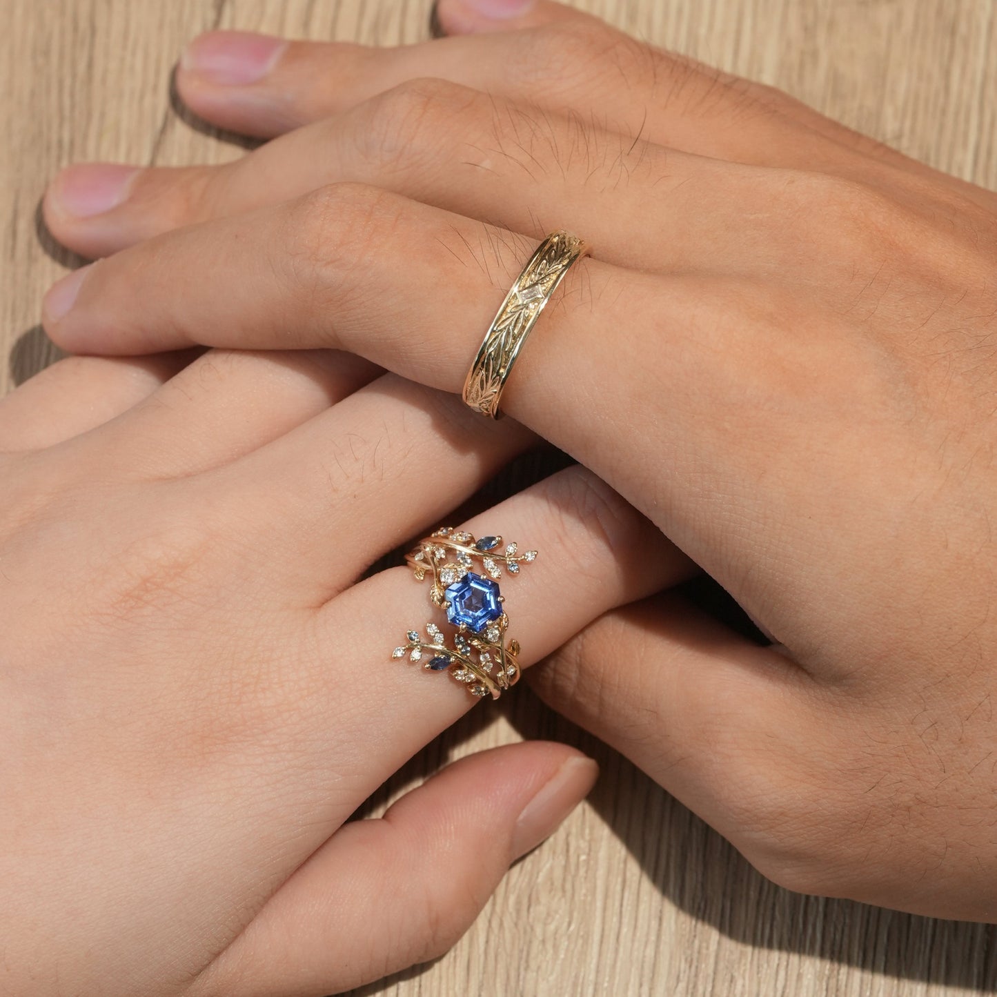 Hexagon Sapphire Vine Ring and Baguette cut moissanite Men's Band - Cherished Moments - GemsMagic