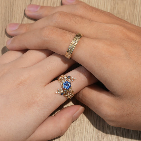Hexagon Sapphire Vine Ring and Baguette cut moissanite Men's Band - Cherished Moments - GemsMagic