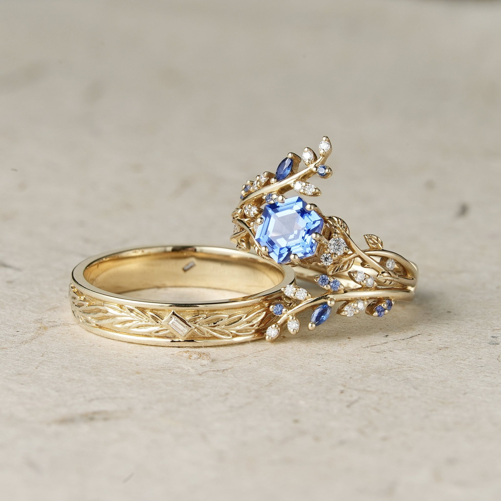 Hexagon Sapphire Vine Ring and Baguette cut moissanite Men's Band - Cherished Moments - GemsMagic