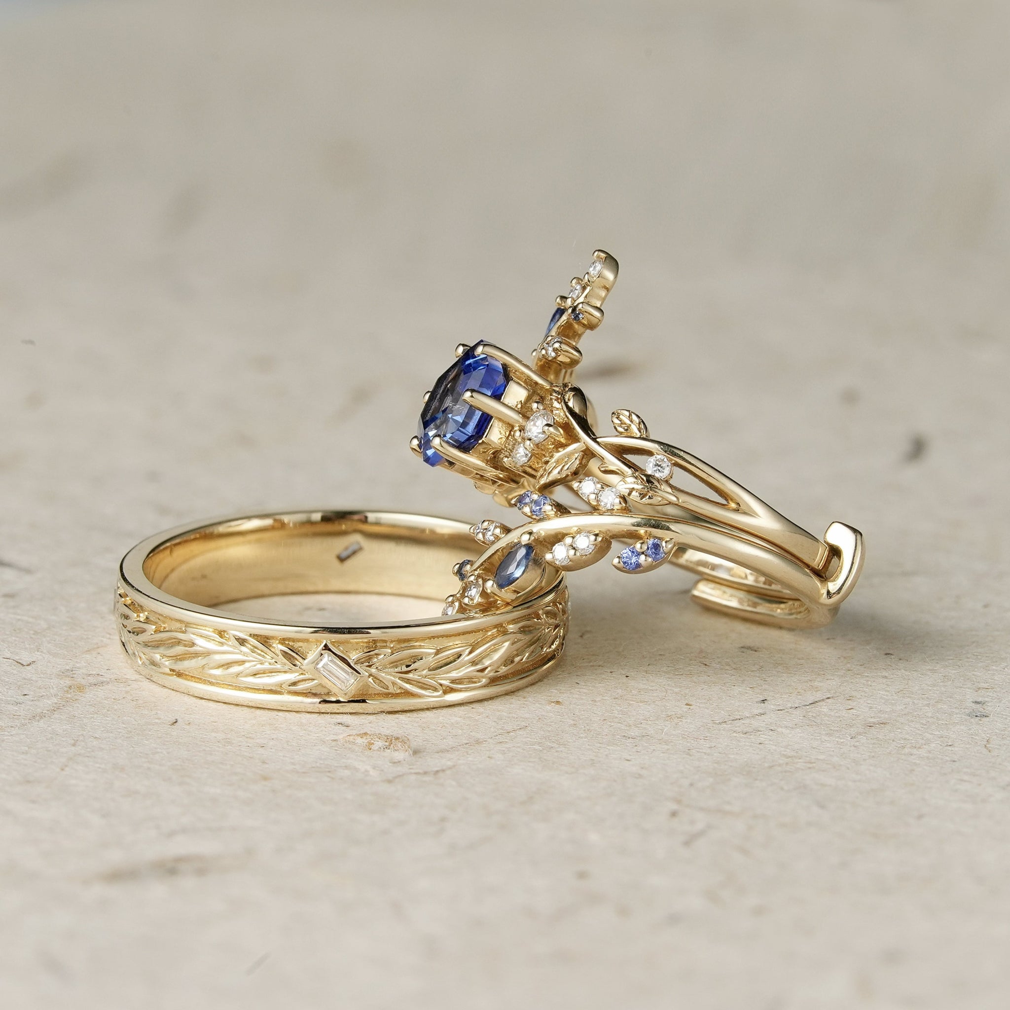 Hexagon Sapphire Vine Ring and Baguette cut moissanite Men's Band - Cherished Moments - GemsMagic