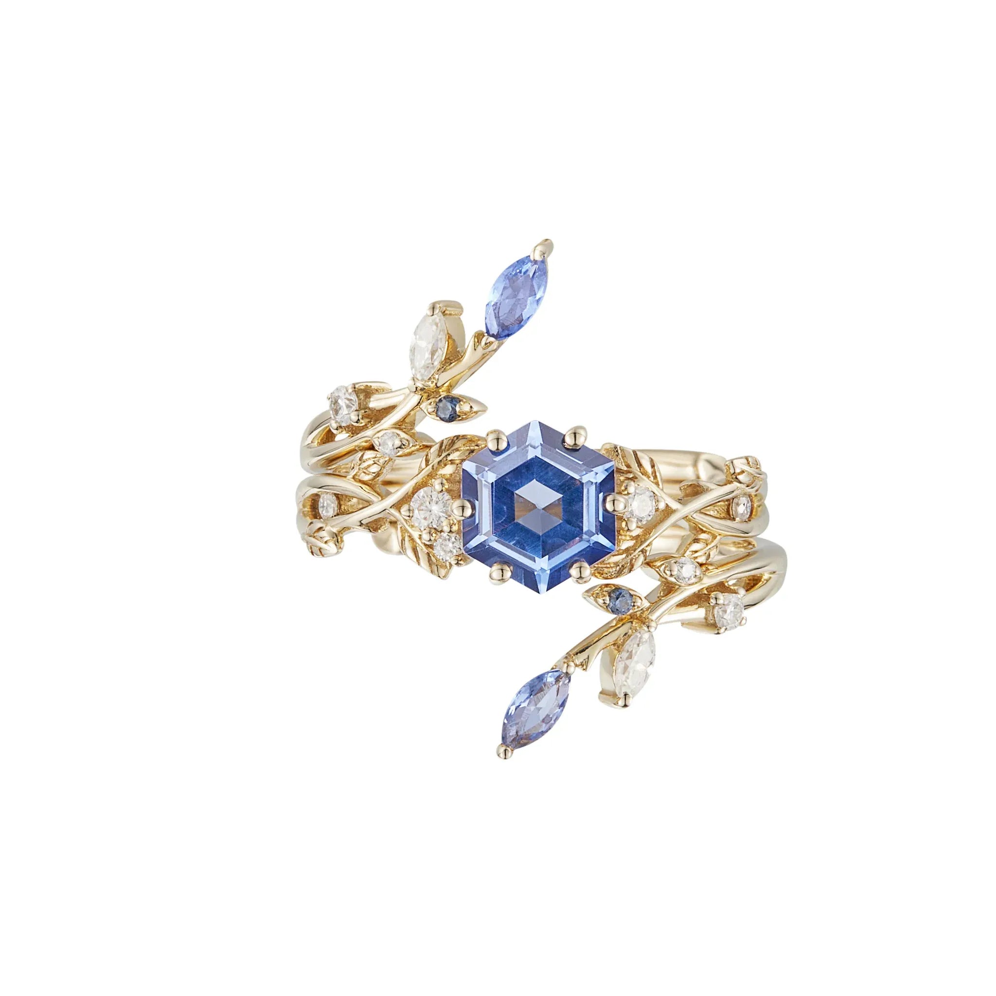 Hexagon Sapphire Vine Ring Set | Claire - GemsMagic